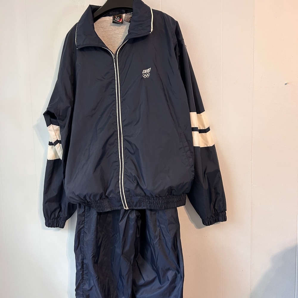 Vintage USA Olympic Team Tracksuit Set Navy Blue White Nylon Windbreaker Mens M